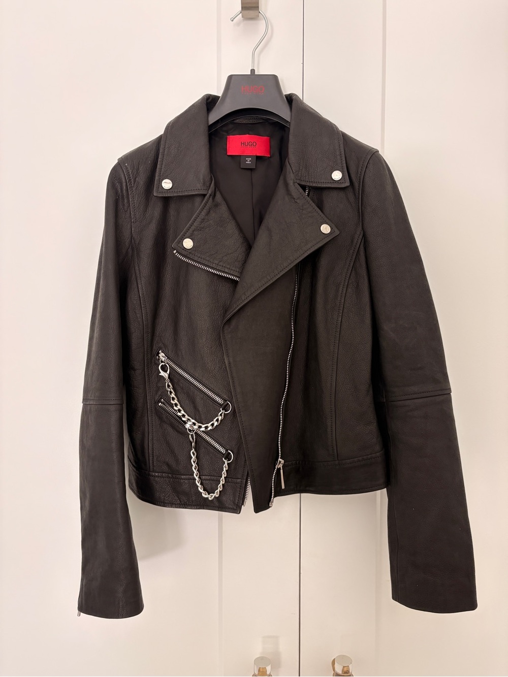 Hugo Boss Black Leather Moto Jacket with Silver Chain Accents